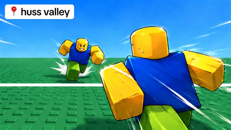 Huss Valley Roblox artwork showing a yellow runner in blue and green escaping a pursuer across a grassy field.